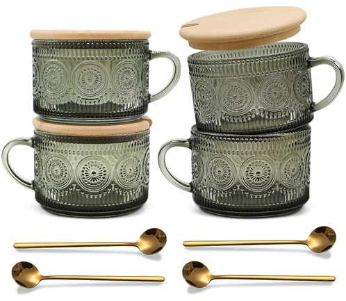 JVJRFQ Vintage Coffee Mugs Set of 4 Green, 14 Oz Overnight Oats Containers with Bamboo Lids and Spoons, Glass Breakfast Tea Cups, Cute Coffee Bar Accessories Christmas Gifts
