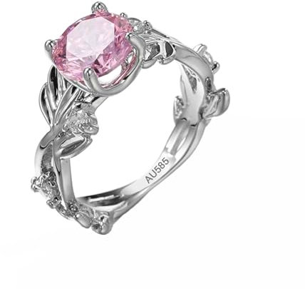 AMDXD 14 Karat Weißgold Verlobungsring, Geäst Pärchen Ringe Rosa, 14K Gold Moissanit Freundschaftsringe Echter Schmuck, Gr.53 (16.9)
