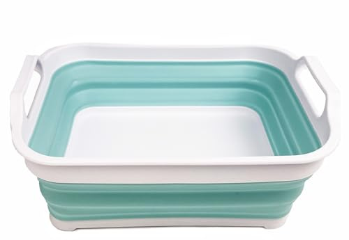 SAMMART 7L Collapsible Tub - Foldable Dishpan - Portable Washing Basin - Space Saving Plastic Sink Tub, Outdoor Kitchen Storage Tray (1, White/Lake Green)