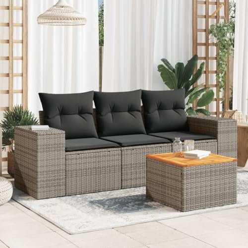 ULUYYUC 4-TLG. Garten-Sofagarnitur, Terrassenmöbel Ecksofa Fußhocker Küchensofa Geeignet für Garten Außenbereich Balkon Hinterhof mit Kissen Grau Poly Rattan