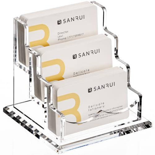 SANRUI Visitenkartenhalter mit 3 Fächern Visitenkarten Aufbewahrung Aufsteller, Acryl Visitenkartenständer für Büro,Messestand,Hotel, transparent