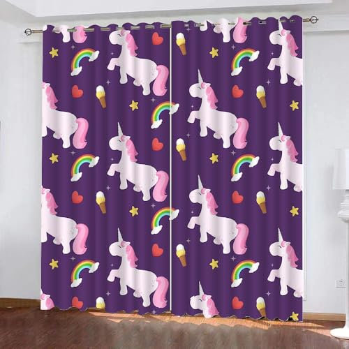 Generisch Lila Einhorn Verdunklungsvorhänge Kinderzimmer Mädchen Jungen,Gardinen Vorhang Blickdicht mit Ösen,Kinder Vorhang Verdunkelung 2Er Set Für Schlafzimmer Wohnzimmer Fenster,280X245Cm,A23