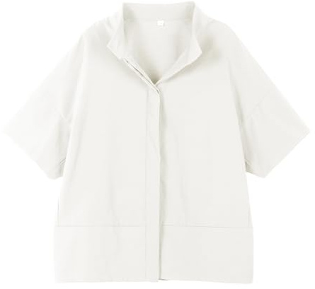 Ainangua Women Casual Button Down Shirts Oversized Short Sleeve Stand Collar Tops Trendy Work Blouses Summer Travel Outfits White