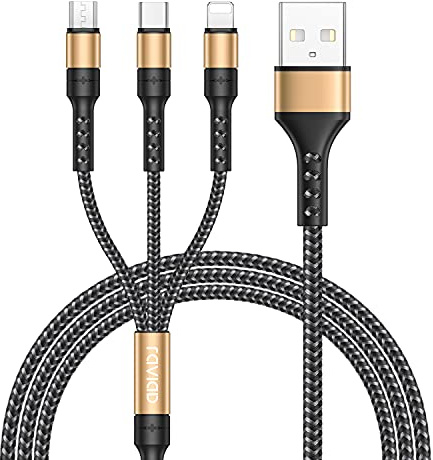 RAVIAD Multi Charger Cable, 3 in 1 Charger Cable [3M] Multiple USB Cable Nylon Braided with Micro USB Type C Lightning Cable Connector for iPhone, Android Samsung Galaxy, Huawei, Oneplus, LG-Gold