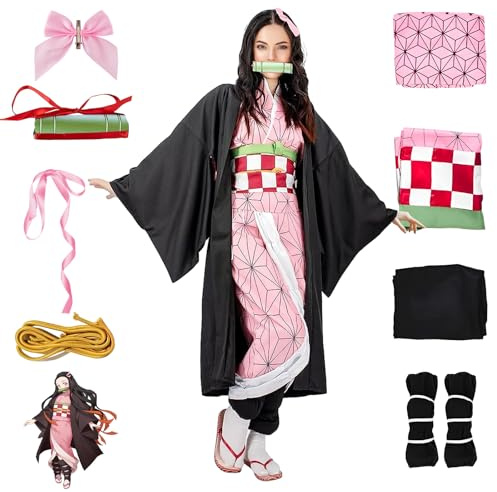 yumcute Nezuko Cosplay Costume Outfit with Accessories, Anime Cosplay Kimono for Girls Women, Halloween Carnival Party Costume