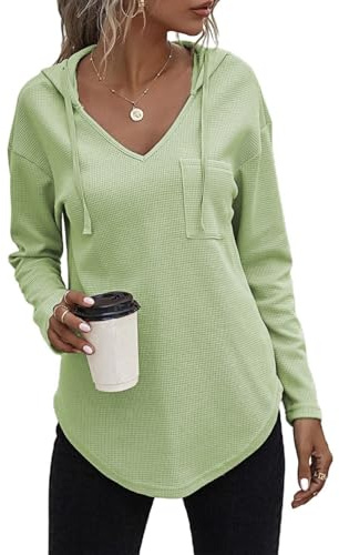Cuptacc Chemisier Femme Chic et élégant Sweat à Capuche Pull Long Col V Blouse Haut Vert Rose,Groß L 42-44