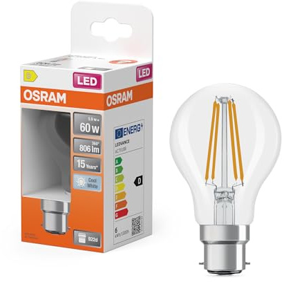 OSRAM Lampada LED Star bulb A60 a filamento, 4000 K bianco freddo, 5,9 W, B22d, trasparente, 806 lm, 15.000 ore, per luoghi di lavoro, illuminazione per uffici