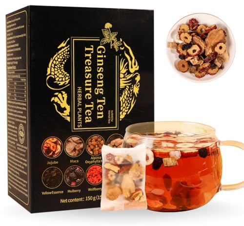 Qiamia 10 bustine di tè al ginseng, tè al ginseng Ten Treasures di qualità superiore, tès per i reni per uomini e donne, certificazione FDA (150 g/10 g x 15 bustine) (1PCS)