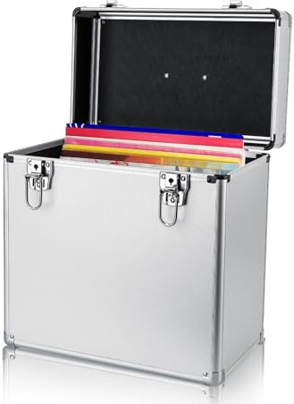 12 Vinyl Record Storage Holds 50 LP Albums Lockable Record Case Aluminium Album Collection Box (Silver)