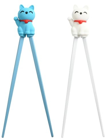 2 Pares Palillos Chinos Para Niños 18 cm Gato De La Suerte Palillos De Entrenamiento para Niños Ligeros Chopsticks Azul y Blanco para Sushi, Fideos y Bento