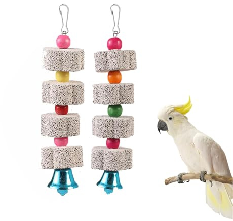 OYUUJII Jouets à Mâcher pour Oiseaux,2 Pièces Pierre Calcium avec Clochette Oiseaux à Mâcher Jouets Minéral Jouet pour Perroquets pour Perroquets,Hamsters,Chinchillas et Lapins