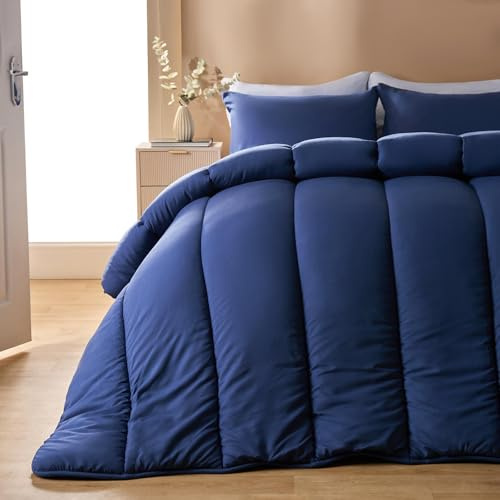 OHS Coverless Duvet Single 10.5 Tog, Soft Warm Microfibre Fabric Comfortable Coverless Duvet Camping Summer Winter Washable Quilt Single Duvets with Pillowcase, Navy