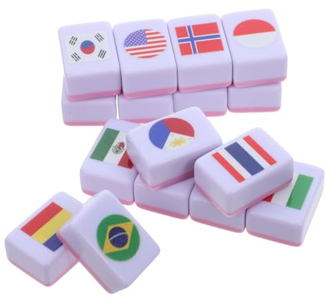 ERINGOGO 64pcs International Flag Mahjong Set Tiles Portable Board Game for Travel Couples Memory Matching Educational Geography Fun