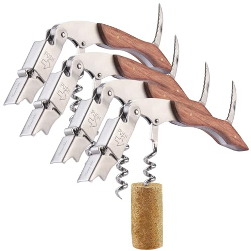 Rosenstein & Söhne Sommeliermesser: 4er-Set Edelstahl-Kellnermesser und -Korkenzieher mit Rosenholz-Griff (Flaschenöffner mit Holzgriff, Korkenzieher mit Hebel)