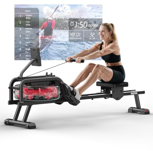 Neezee 2026 Rudergerät für zuhause, Rudergerät Wasser mit Professioneller Bluetooth-Monitor und Tablet-Halterung, Max 160kg Belastbar, Vertikale Lagerung, Transporträder für Einfache Bewegung