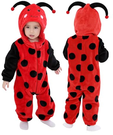 Doladola unisex baby med huva tecknat djur sparkdräkt småbarn overall baby outfit spädbarn pyjamas6-12 månader,Marienkäfer)