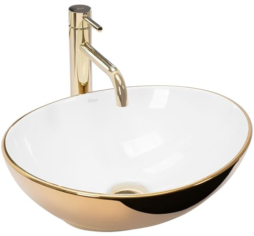 Rea - Lavabo Da Appoggio Sofia Oro/Bianco Lavandino Bagno 410 X 345 X 150 mm Ceramica (Bianco/Oro)