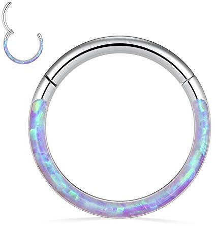 Kzslive - Piercing in acciaio chirurgico 316L, con opali, calibro 16G, per piercing al setto nasale e alla cartilagine dell’elice e Acciaio inossidabile, 16G-8mm, colore: Opale argento+viola.
