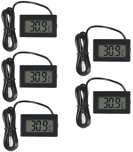 AITRIP 5 Pcs Digital LCD Thermometer Temperature Monitor with External Probe for Fridge Freezer Refrigerator Aquarium (Black)