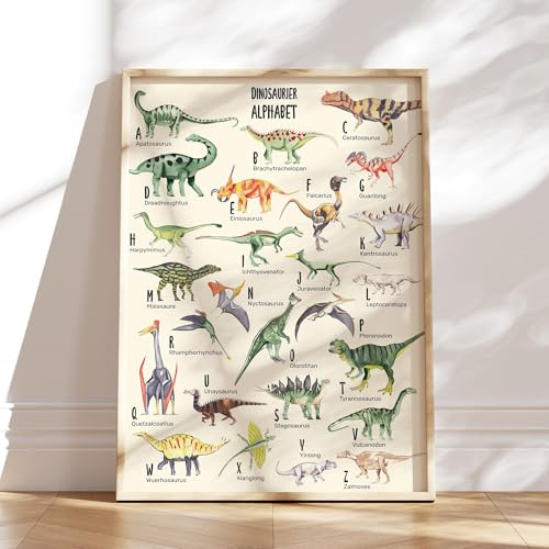MeinBaby123® ABC Dino Poster für Kinderzimmer DIN A2 | Dinosaurier Alphabet Lernposter | Bilder für Jungen | Deko (Dino ABC Poster - 1)