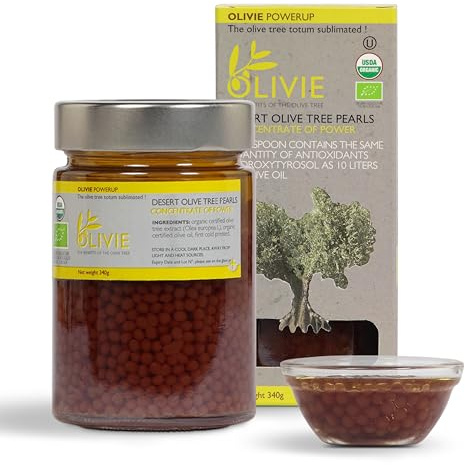 Organic Olive Leaf Extract Capsules, PowerUp Pearls by OLIVIE, Antioxidant Polyphenols Supplement, Olive Oil Scrub for Skin, Immune Support, 340g