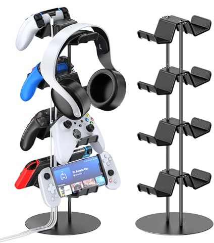Kytok Controller Stand 4 Tiers with Cable Organizer for Desk, Universal Headphone Stand Compatible with Xbox PS5 PS4 Console Nintendo Switch, Headset Holder & Desk Mounts for 8 Packs Controller