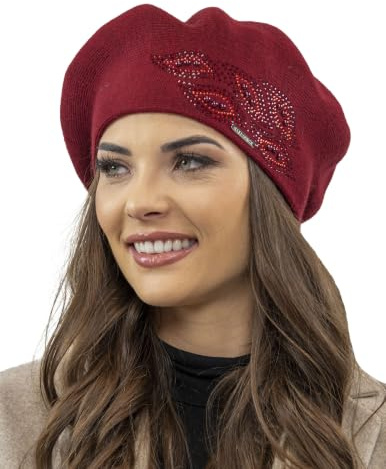 VIVISENCE Baskenmütze Für Damen Winter Herbst Warme Barette Mit Glänzender Zirkonia-Applikation Frauen Elegante Klassischem Stil Perfekte Für Herbst Und Wintertage Modell 7051