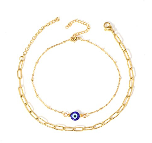 MANVEN Blaues Auge Nazar Fußkettchen Damen Mädchen Edelstahl Wasserdicht | Geschichtet fußkettchen Gold Fußkette Damen Mädchen Geburtstag
