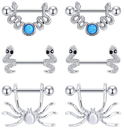 Longbeauty 14G Brustwarzenpiercing Nippelpiercing 316L Edelstahl Nipplerings Barbells Piercing Schmuck für Frauen Schlange/Schmetterling/Spinne, 3 Paare, Stil A