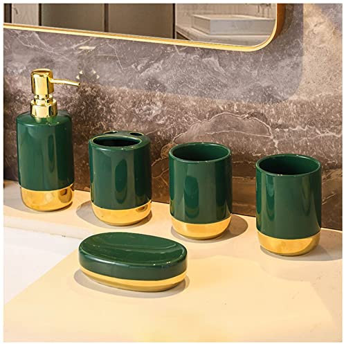SWHC Badezimmer Set, Badezimmer Zubehör 5 Teilig, Luxus Badezimmer Deko mit Zahnbürstenhalter, Seifenspender, Zahnputzbecher, Seifenschale, Wiederbefüllbar Seifenspender Set Keramik Grün