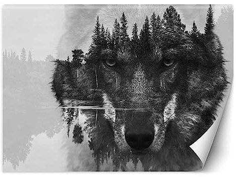Feeby Premium Vinyl Fototapete Wolf Wald Nebel 100x70 cm XXL Wandtapete Tapeten Wohnzimmer Schlafzimmer Jugendzimmer Büro Flur Hotel Spa Moderne Design Wand Dekoration See Natur Tier Grau