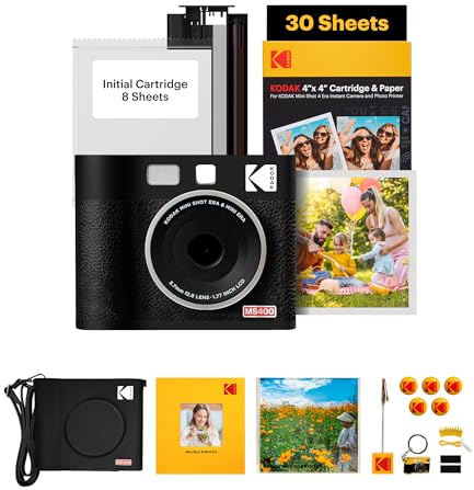 KODAK Mini Shot 4 Era 4 x 4 tum omedelbar digitalkamera och fotoskrivare, 2-i-1 bärbar tryckkamera, Bluetooth smartphone-skrivare för iOS och Android, 4PASS-färgsublimering (svart, presentpaket)