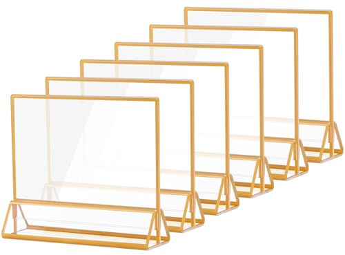 15 x 10 cm horizontaler Acrylschildhalter mit goldenen Grenzen, klare doppelseitige Tischmenü -Menü -Bildrahmen für Hochzeitstischnummern, Restaurantschilder, Fotos und Kunstdisplay - 6 Stück