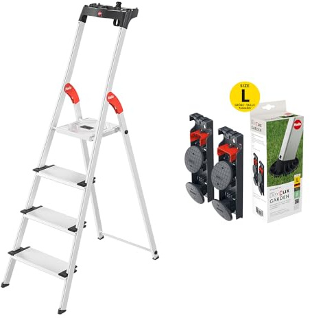 Hailo L80 ComfortLine Set mit EasyClix Garden, 4 XXL-Stufen bis 150 kg | Klappbare Aluleiter, Wechselfuß-Set für stabilen Stand auf weichem Untergrund