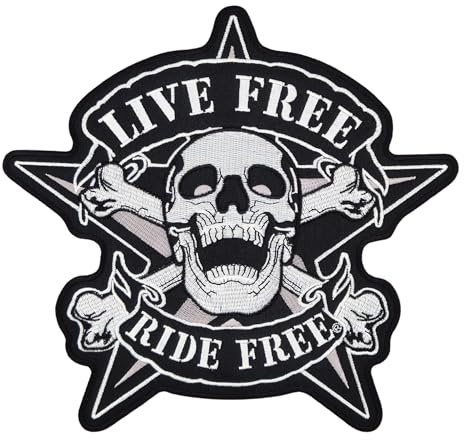 Großer Totenkopf Rückenpatch – 22,2 x 20,7 cm – Gestickter Aufnäher Biker Live Free Ride XXL Rückenaufnäher Schädel Stern Patch Backpatch für Motorradjacke Kutte Lederweste – Hochwertige Stickerei