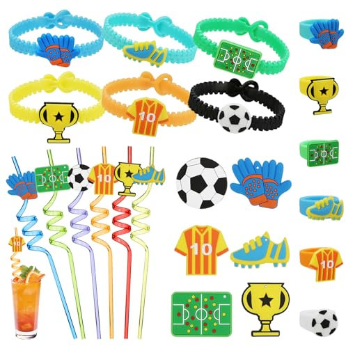 6 Stück Fußball Strohhalme Kinder Wiederverwendbar Harte Strohhalm Kinder Fussball Geburtstag Fußball Mitgebsel Lockige Party Trinkhalme Wiederverwendbare Fußball Strohhalme für Party Fussball Deko
