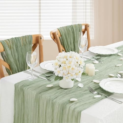 Lot de 4 Chemin de Table Mariage Bohème Vert Sauge Mousseline Gaze de Coton Élégant, Table Runner Décoration Fête Anniversaire 90 x 300 cm
