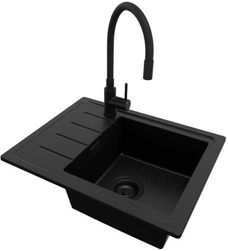 PRIMAGRAN Lavandino da Cucina Tutto Nero 55x44cm, Lavello in Granito a 1 vasca + Rubinetto 40x38cm + Sifone Classico, Lavabo Incasso al mobile 45cm - Copenhagen Easy S018