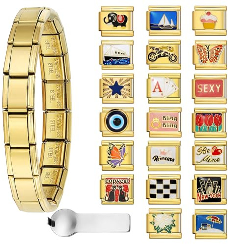 GEMOSA Italian Charm Bracelet Gold 14K Vergoldet - 9mm Italian Charms Modular Armband Set (18 Glieder) mit 20 Design-Modulen & Werkzeug - DIY Schmuckset inkl | 20 Stück/30 Stück Charm-Set und Öffnungswerkzeuge, 9 mm, italienisches modulares Charm-Armband, Glied, handgefertigt