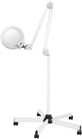 Lupenlampe 5X, DSYOGX 2400 LM Cool White Licht LED Eingebauten Vergrößerungsglas, Freistehend Arbeitsplatzlampe mit Rollstativ, für Schönheitssalons, Nagelstudios, Krankenhäuser, Weiß