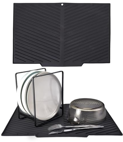 Echehi Silicona Alfombrilla Escurreplatos con Salida de Drenaje, 41,5x 31,5cm Alfombrilla Escurreplatos en Forma de V con Diseño Antideslizante, Fácil de Limpiar y sin BPA. Gris