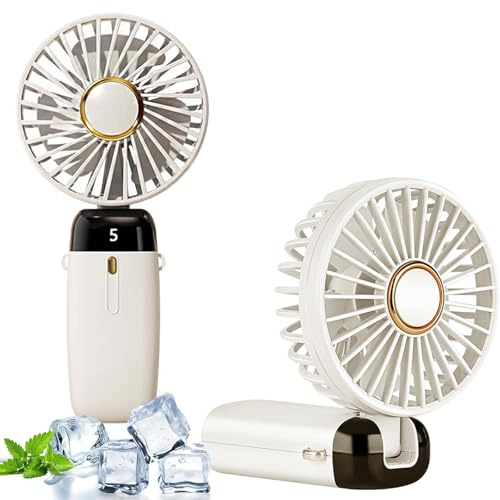 EHIOG Tragbarer Handventilator mit 5 Geschwindigkeiten – Faltbarer Mini-USB-Ventilator mit LED-Anzeige, 8-15h Akkulaufzeit, leise, mit Lanyard & Standfuß – Perfekt für Reisen, Büro und Zuhause