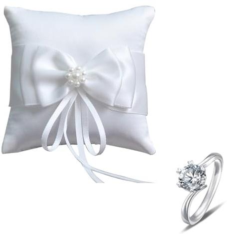 ZFRITP Cuscino per anelli di matrimonio, con perle artificiali e bel fiocco, adatto per fidanzamenti o fedi nuziali (10 x 10 cm)