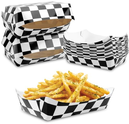 24pcs Race Car Paper Food Trays, Black and White Checkered Dishes Food Serving Plate Boxes Racing Themed Birthday Party Decoration Supplies for Popcorn Fries Cookie Snack, Needs to be Folded