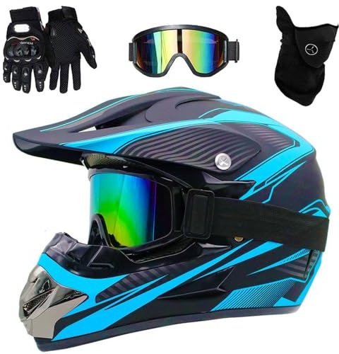 Casque de Motocross Pour Enfants, Casque de Vtt IntéGral Avec Lunettes, Masque Et Gants, Casque de Moto Quad Pour Jeunes Enfants, Homologué DOT(Blue lines,M(54-55cm))