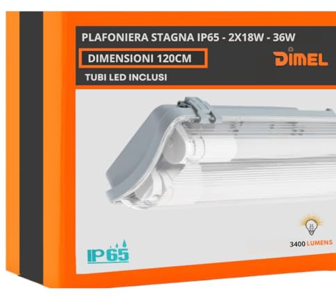 DI.M.EL. S.R.L. Plafoniera Stagna per Tubi LED 120cm IP65 – Portalampada Impermeabile per Garage, Officina e Magazzino – Versione Singola o Doppia (Luce fredda 6500K, Doppio tubo)