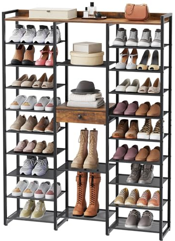 HOOBRO Étagère à Chaussures 10 Niveaux, Porte-Chaussures, Hauteur 160 cm, avec Tiroir, Cadre en Métal, Pieds Réglables, pour Salon, Entrée, Couloir, Marron Rustique et Noir EBF120XJ01