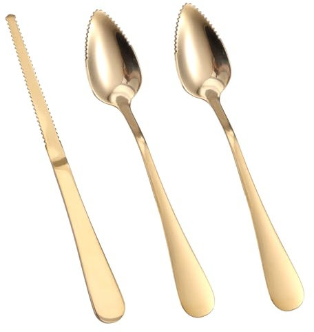 3pz Cucchiai e Coltello Seghettati per Pompelmo, Utensili da Servizio Curvi in Acciaio Inox per Agrumi Limone Kiwi Melone Lime Pitaya Strumento Mangiare Frutta (Oro)