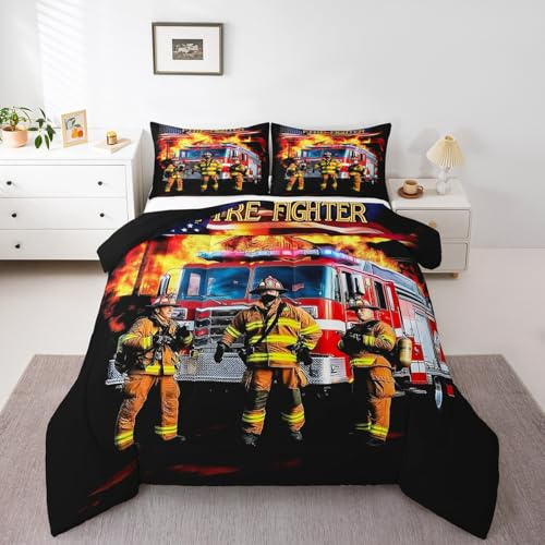 Juego de edredón infantil de bomberos para niños, tamaño individual, juego de ropa de cama acolchado de camión de bomberos con 1 funda de almohada, ropa de cama ligera, suave y transpirable, 2 piezas