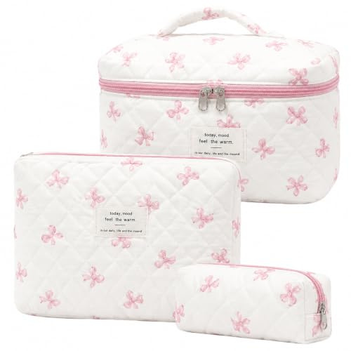 3er Set Kosmetiktasche Blumen MäDchen,Kulturtasche Damen,Gesteppte Make Up Tasche,Baumwolle Kulturbeutel Set,Coquette Make Up Bag Aesthetic Stuff Clean Girl,Cosmetic Bag